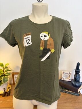 Friday the 13th Jason Voorhees Olive Graphic Tee Horror Movie T-Shirt